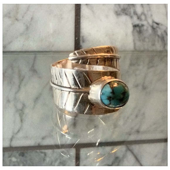Turquoise, Sterling and Copper Leaf Wrap Ring - Picture 5 of 6